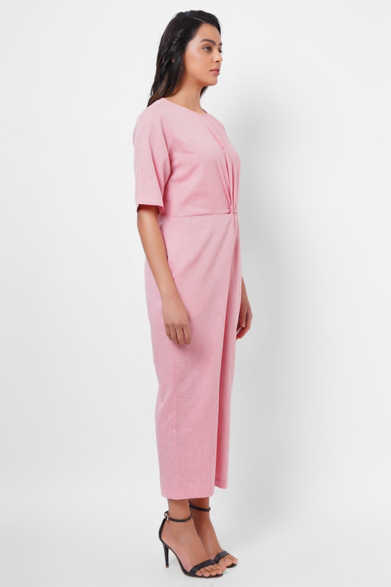 Front Twist Knot Pink Cotton Jumpsuit - Western Era Jumpsuits for women