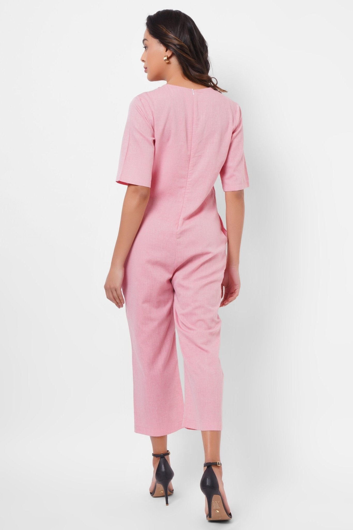 Front Twist Knot Pink Cotton Jumpsuit - Western Era Jumpsuits for women