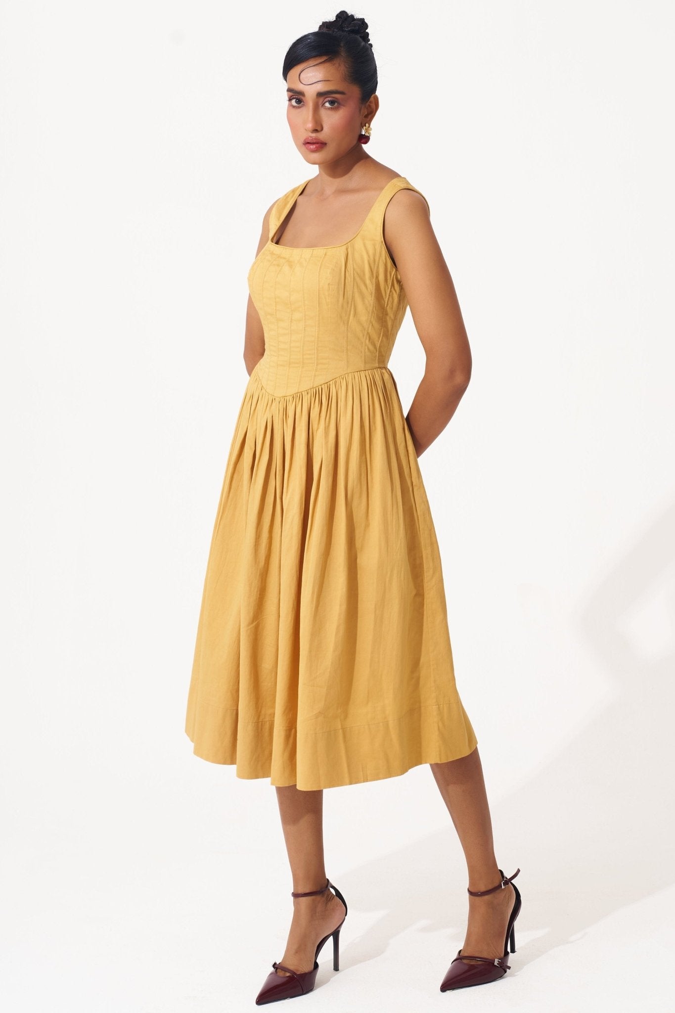 Gold Cotton Corset Dress with Gathers - Western Era Dresses for women