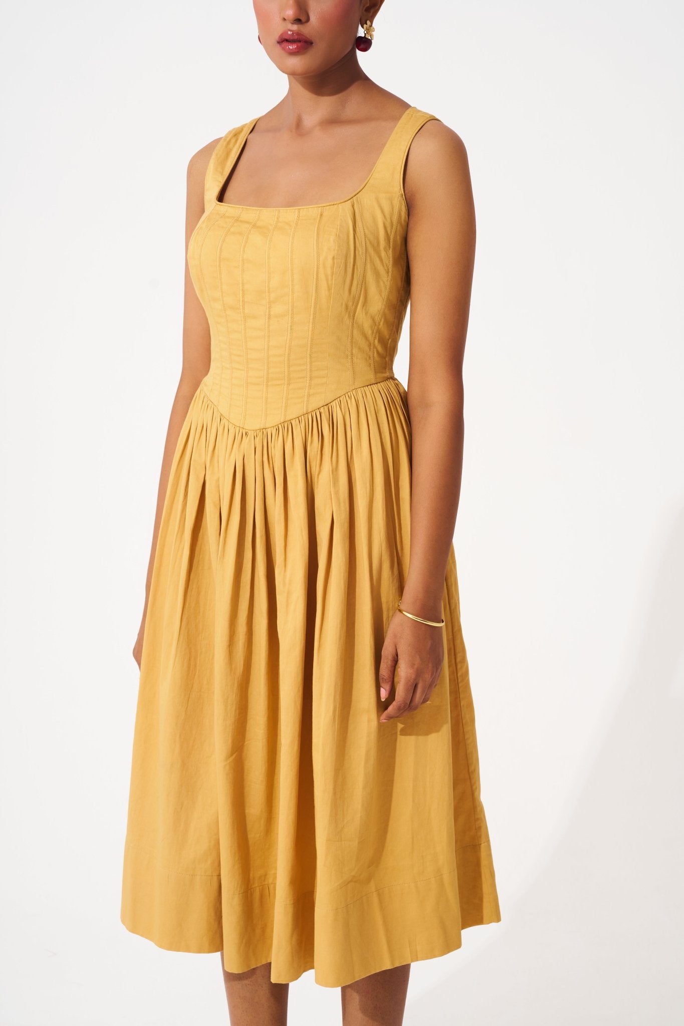 Gold Cotton Corset Dress with Gathers - Western Era Dresses for women