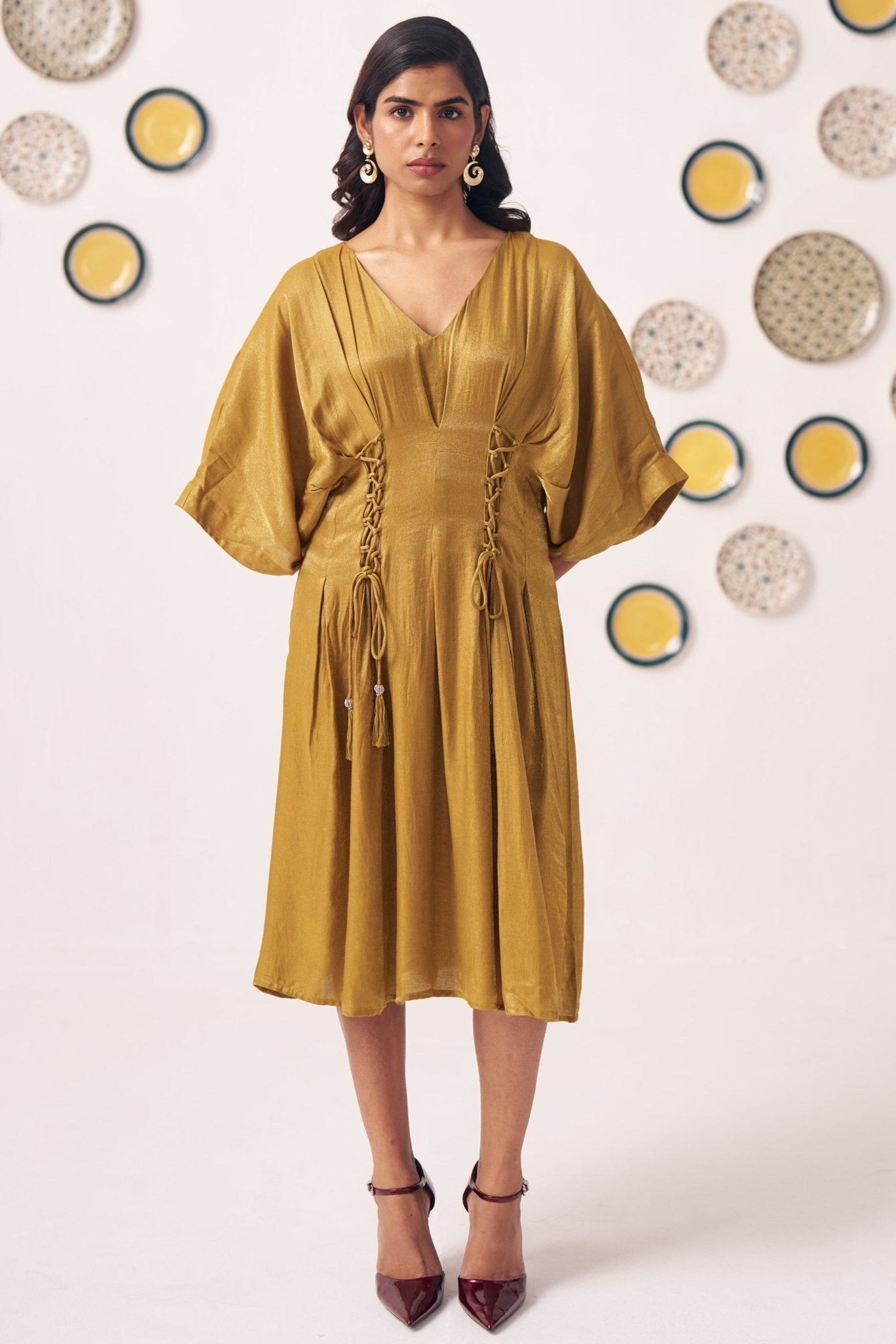 Western Era | Gold Shimmer Pleated Dress | Zigzag Dori & Tassels | Cotton Lurex Western Era | Gold Shimmer Pleated Dress | Zigzag Dori & Tassels | Cotton Lurex