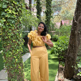 Golden Ruffled Crop Top With Pleated Pant Co - ord Set - Western Era Co - ord set for women