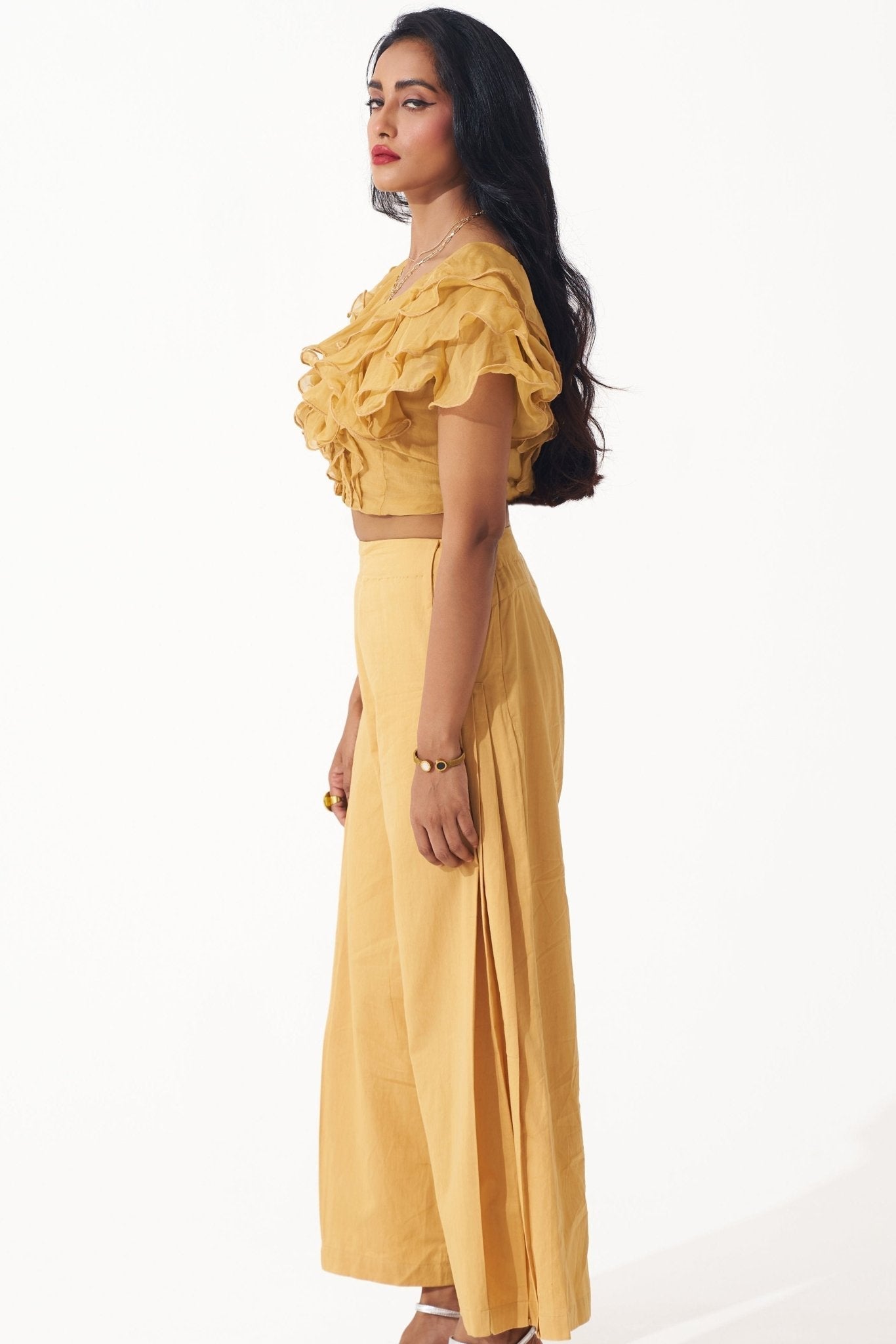 Golden Ruffled Crop Top With Pleated Pant Co - ord Set - Western Era Cordset for women