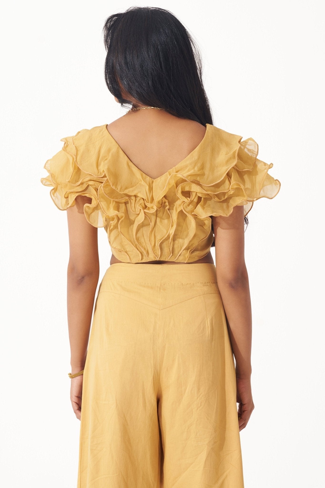 Golden Ruffled Crop Top With Pleated Pant Co - ord Set - Western Era Cordset for women