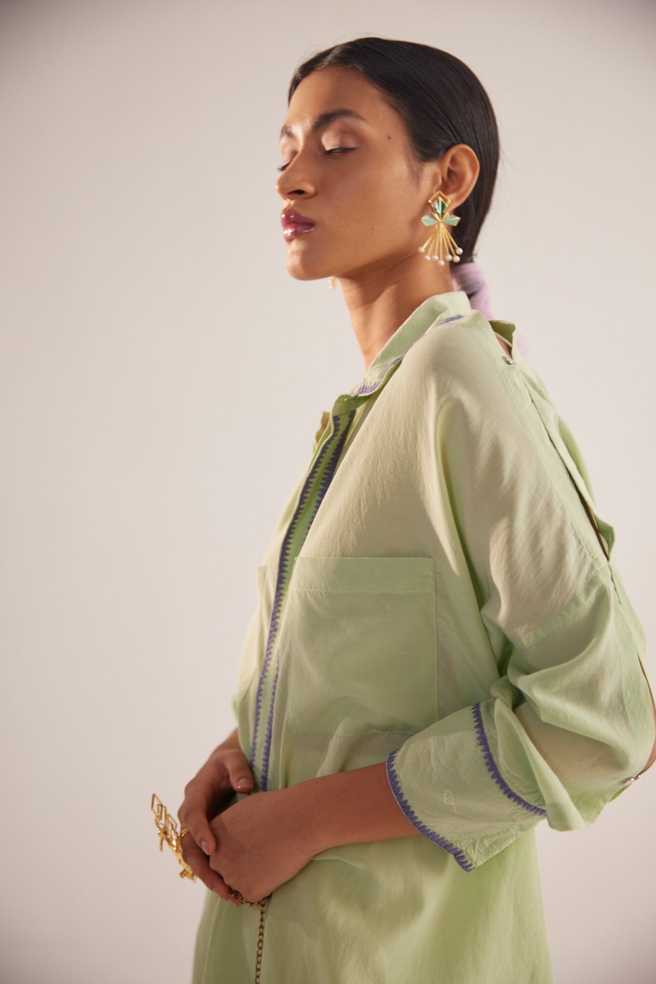 Green Collar Embroidered Oversized Shirt - Western Era Tops for women