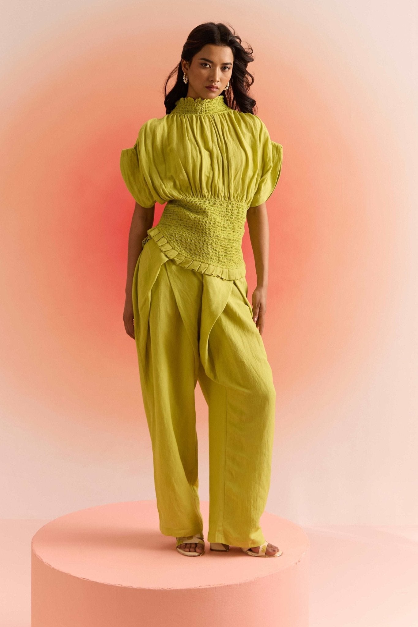 Green Linen Wrap Trouser - Western Era Bottoms for women