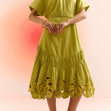 Green Long Dress with Leaves Cutwork Embroidery on Bottom - Western Era Dresses for women