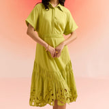 Green Long Dress with Leaves Cutwork Embroidery on Bottom - Western Era Dresses for women