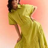Green Long Dress with Leaves Cutwork Embroidery on Bottom - Western Era Dresses for women