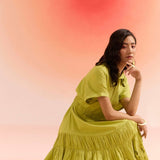 Green Long Dress with Leaves Cutwork Embroidery on Bottom - Western Era Dresses for women