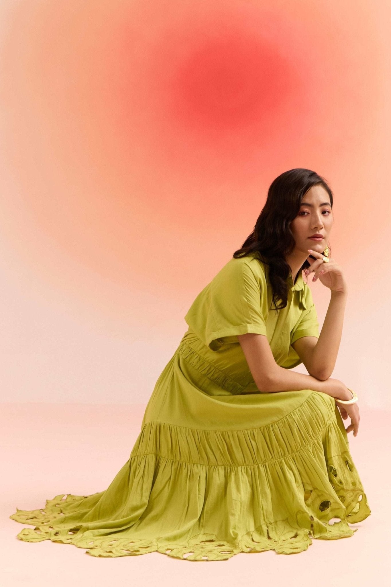 Green Long Dress with Leaves Cutwork Embroidery on Bottom - Western Era Dresses for women