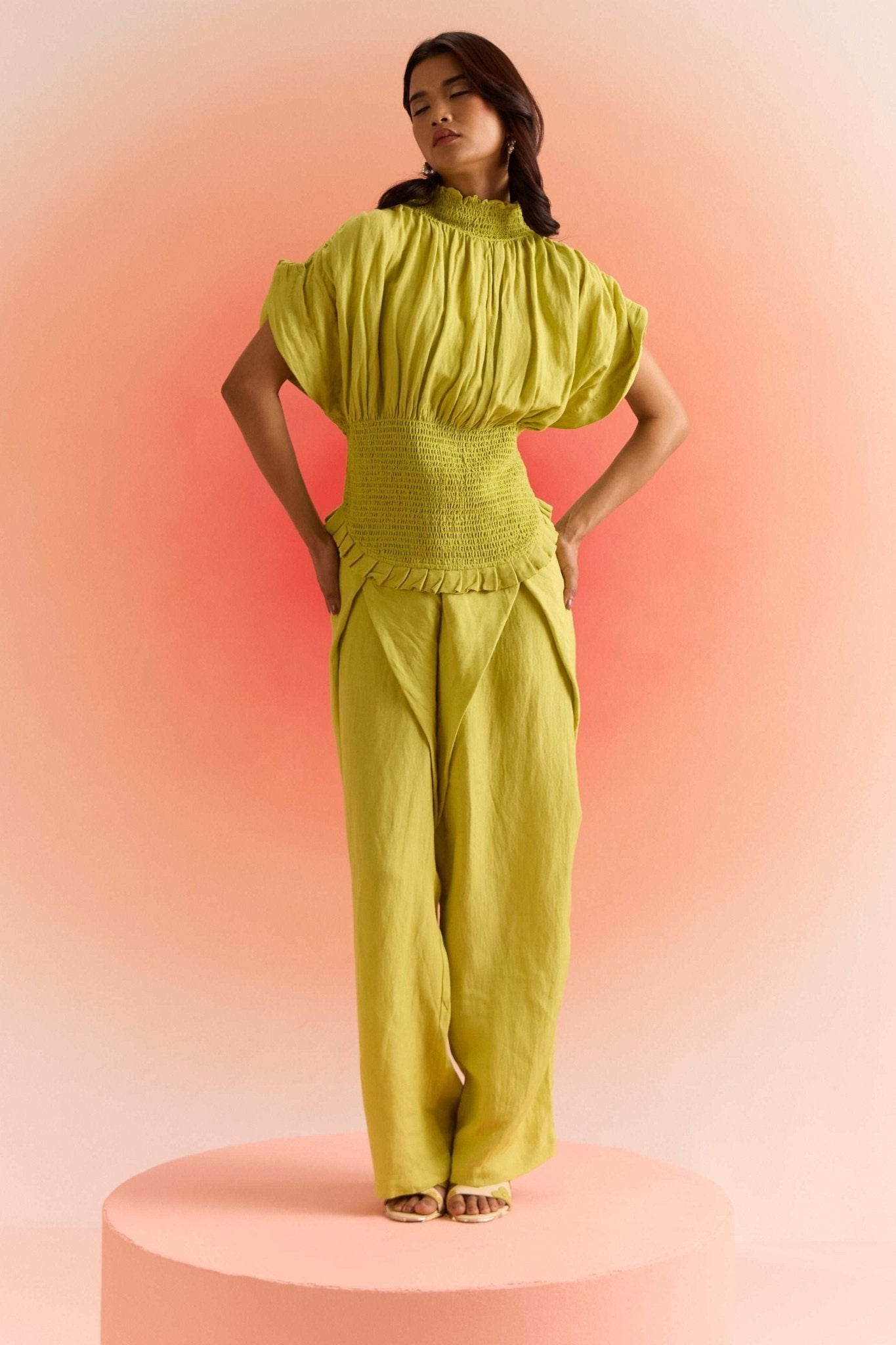 Green Smocked Top with Pleated Sleeves and Smocked Neck - Western Era Tops for women