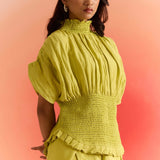Green Smocked Top with Pleated Sleeves and Smocked Neck - Western Era Tops for women