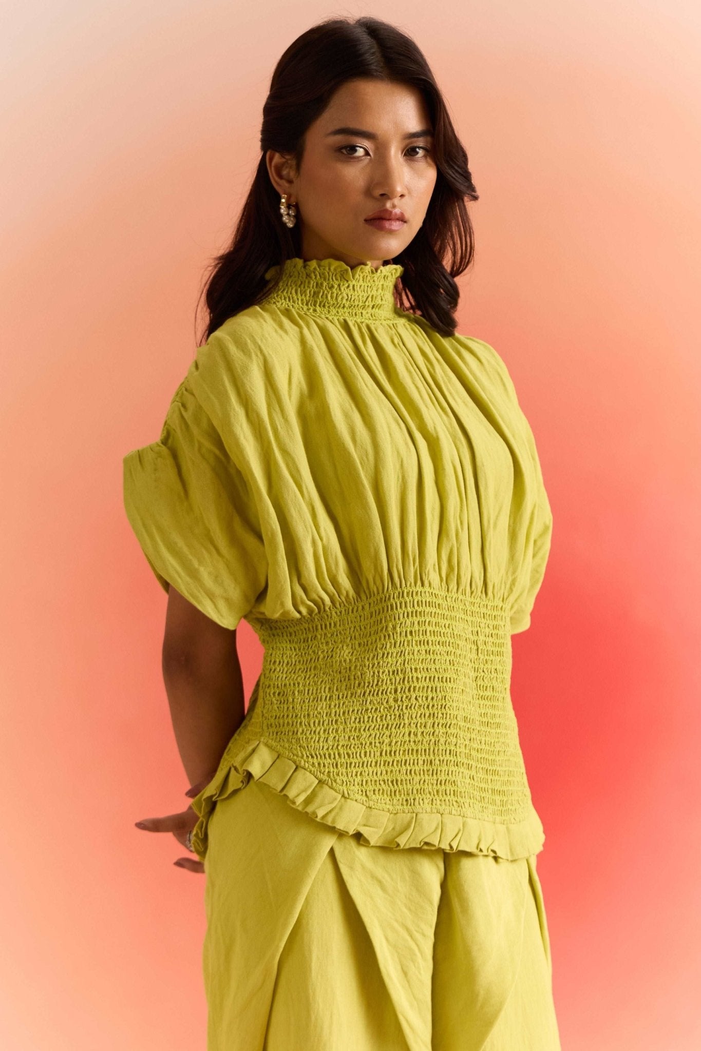 Green Smocked Top with Pleated Sleeves and Smocked Neck - Western Era Tops for women