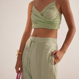 Green Strappy Overlap Crop Top With Front Pleates - Western Era Tops for women