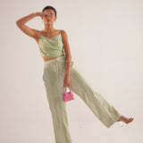 Green Strappy Overlap Crop Top With Front Pleates - Western Era Tops for women