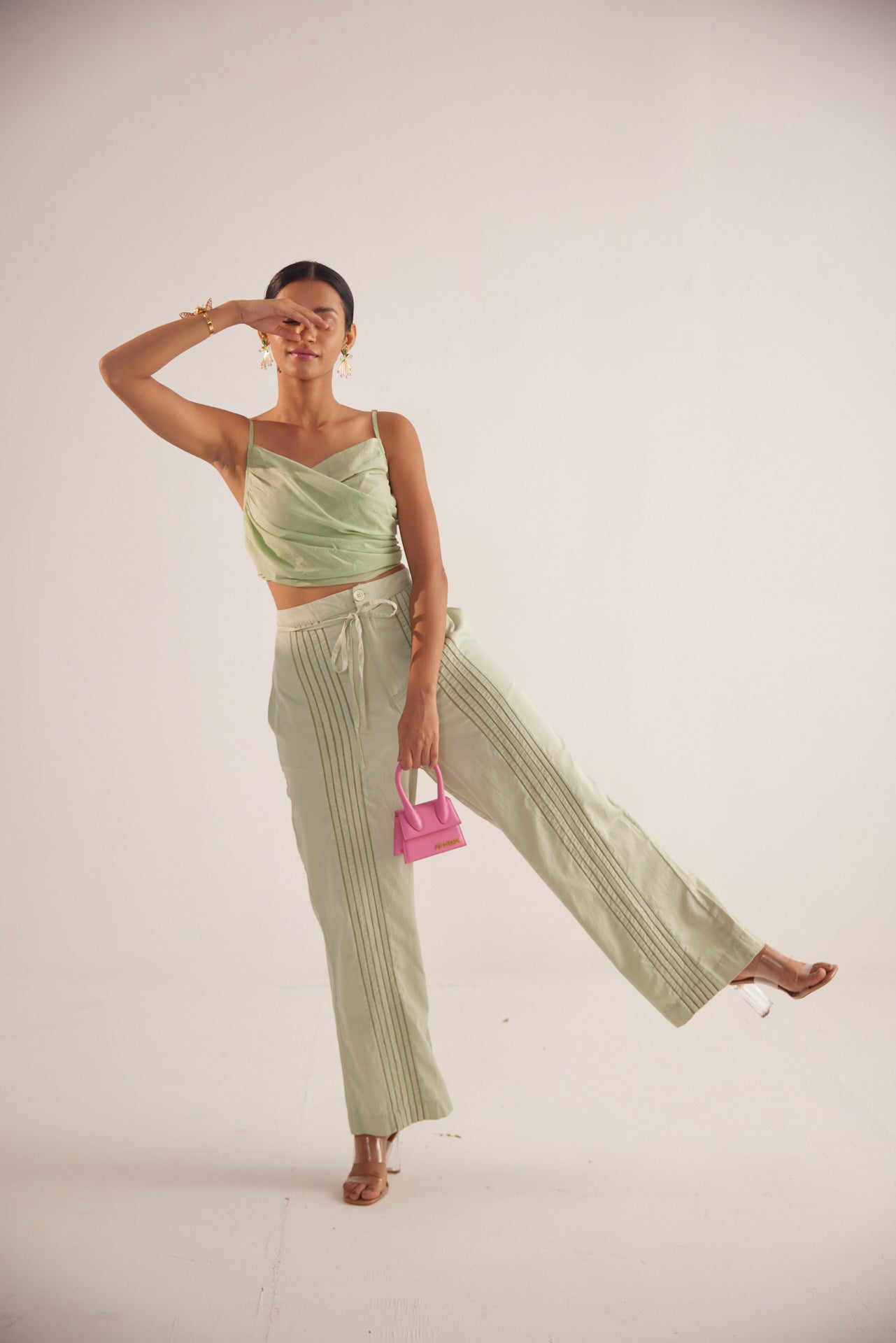 Green Strappy Overlap Crop Top With Front Pleates - Western Era Tops for women