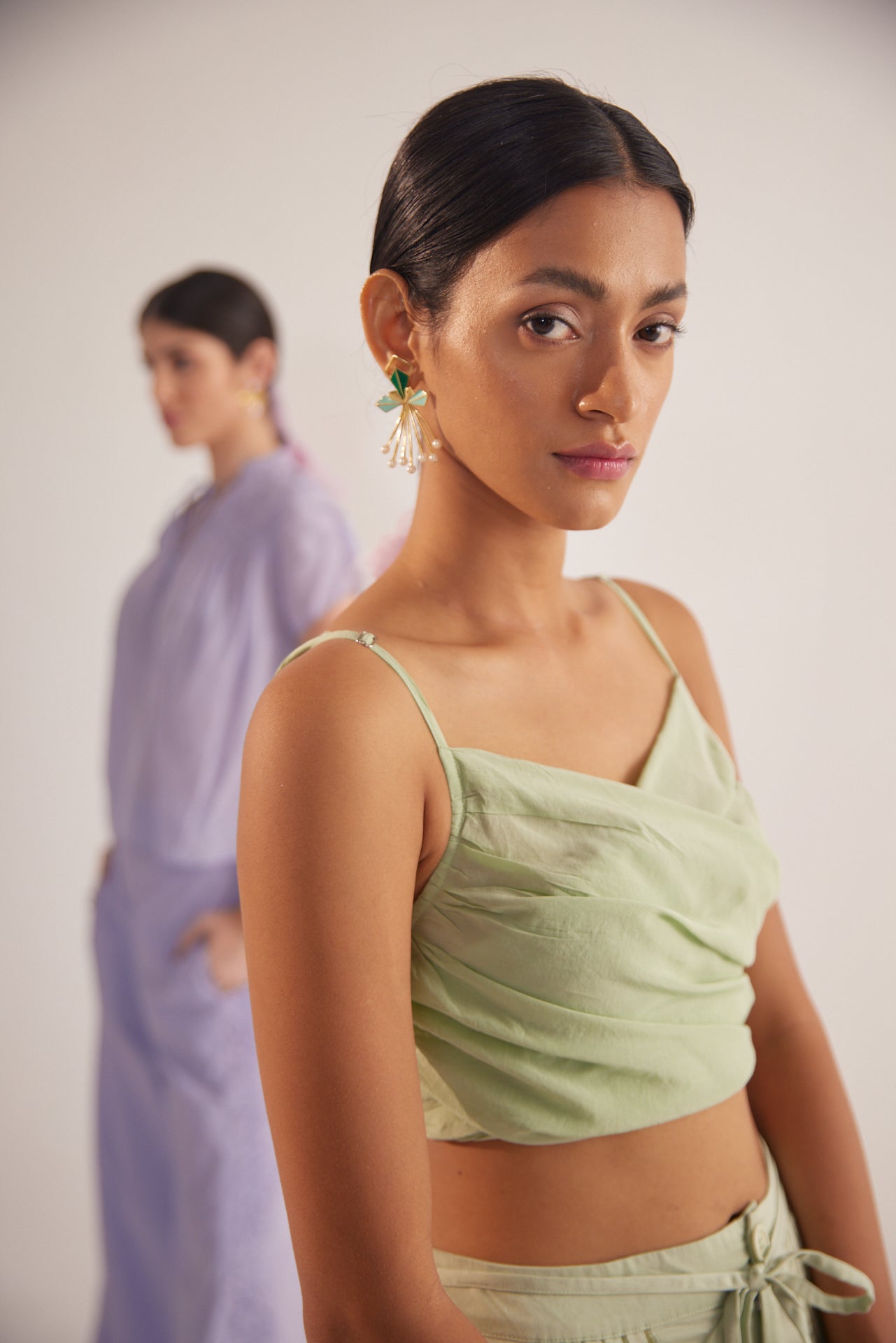 Green Strappy Overlap Crop Top With Front Pleates - Western Era Tops for women