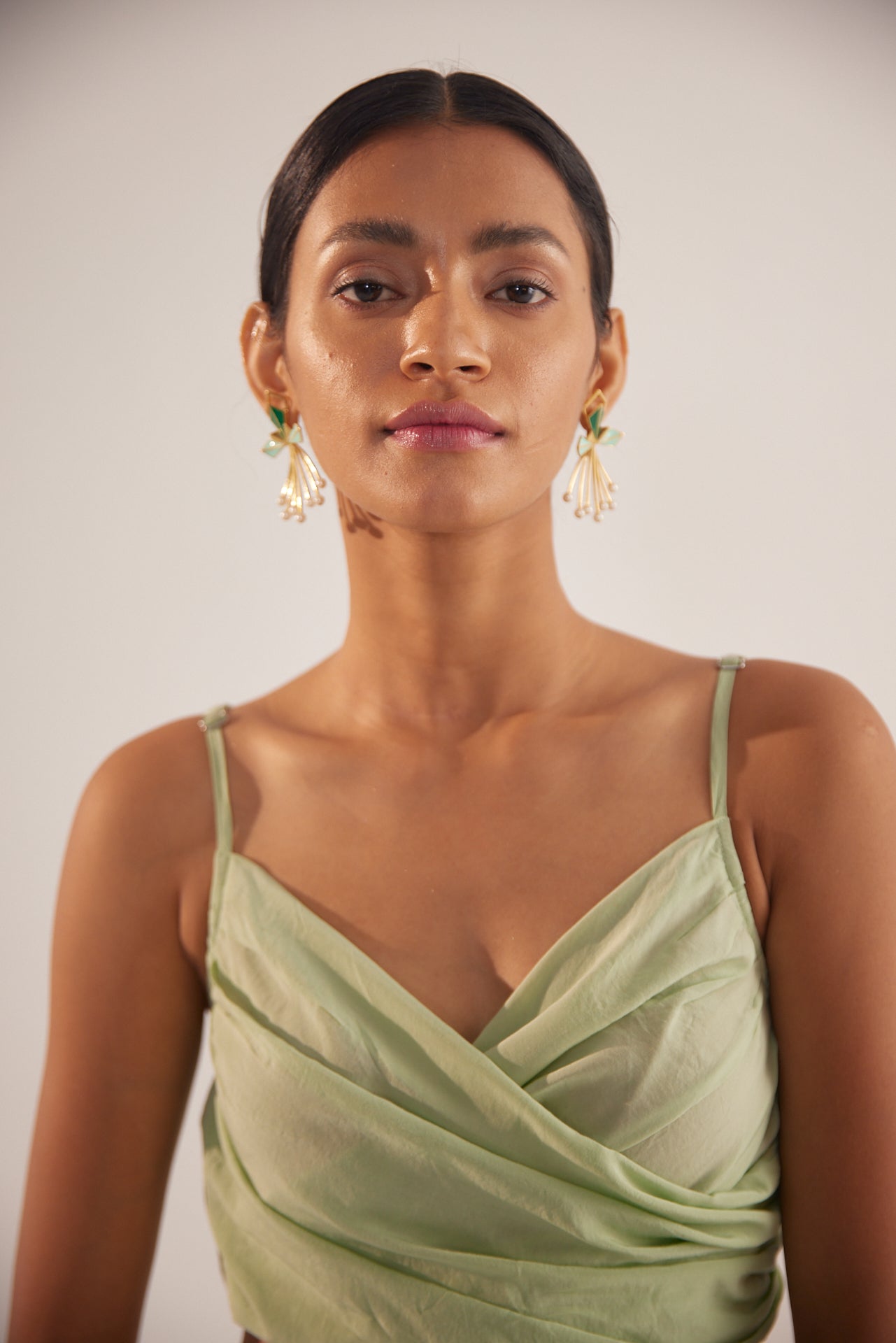 Green Strappy Overlap Crop Top With Front Pleates - Western Era Tops for women