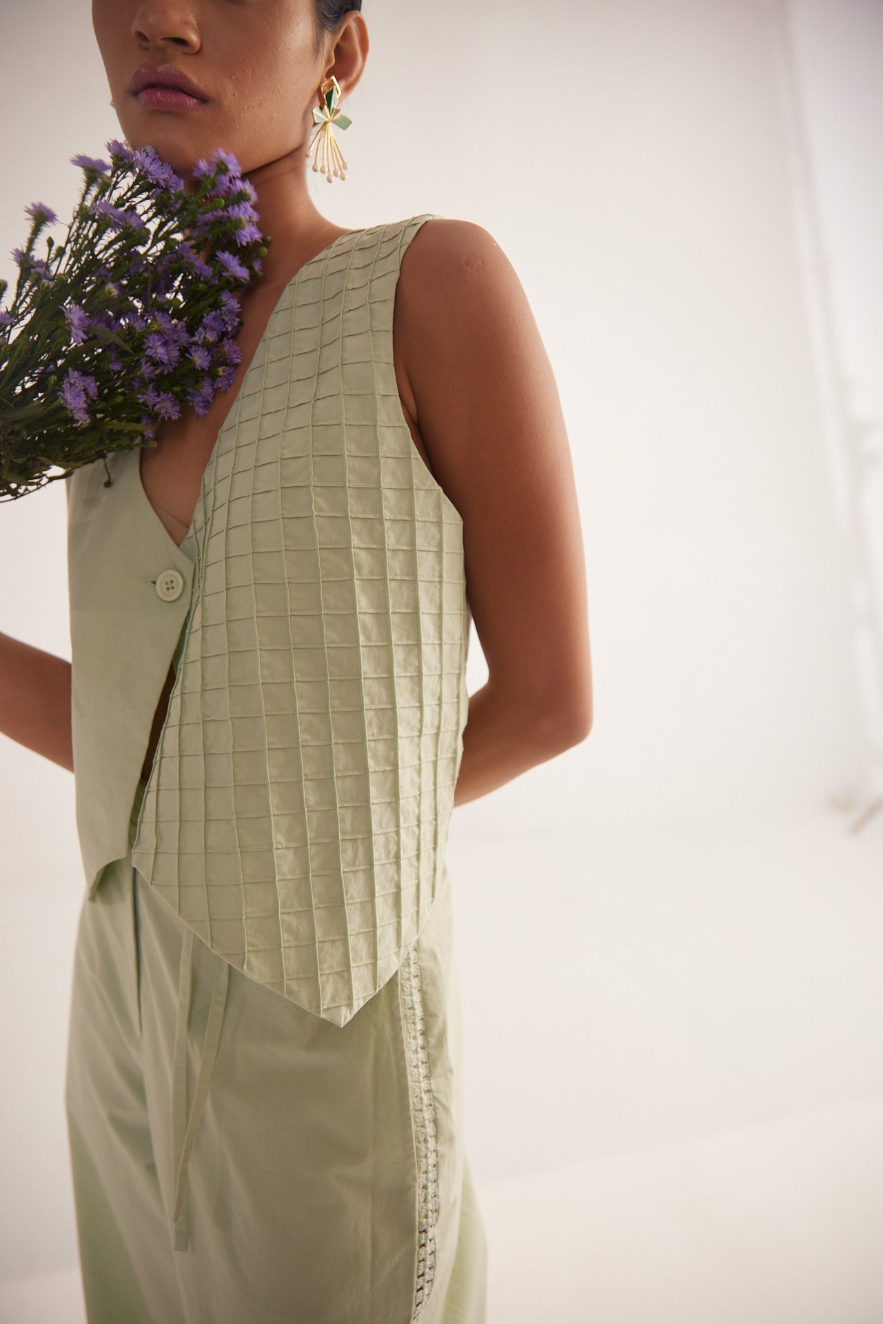 Green V - Neck with One Side Cross Pin Tuck Cotton Vest Top - Western Era Tops for women