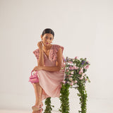 High End Event Wear Peach Circle Embroidered Collar Flowy Dress With Spaghetti - Western Era Dresses for women