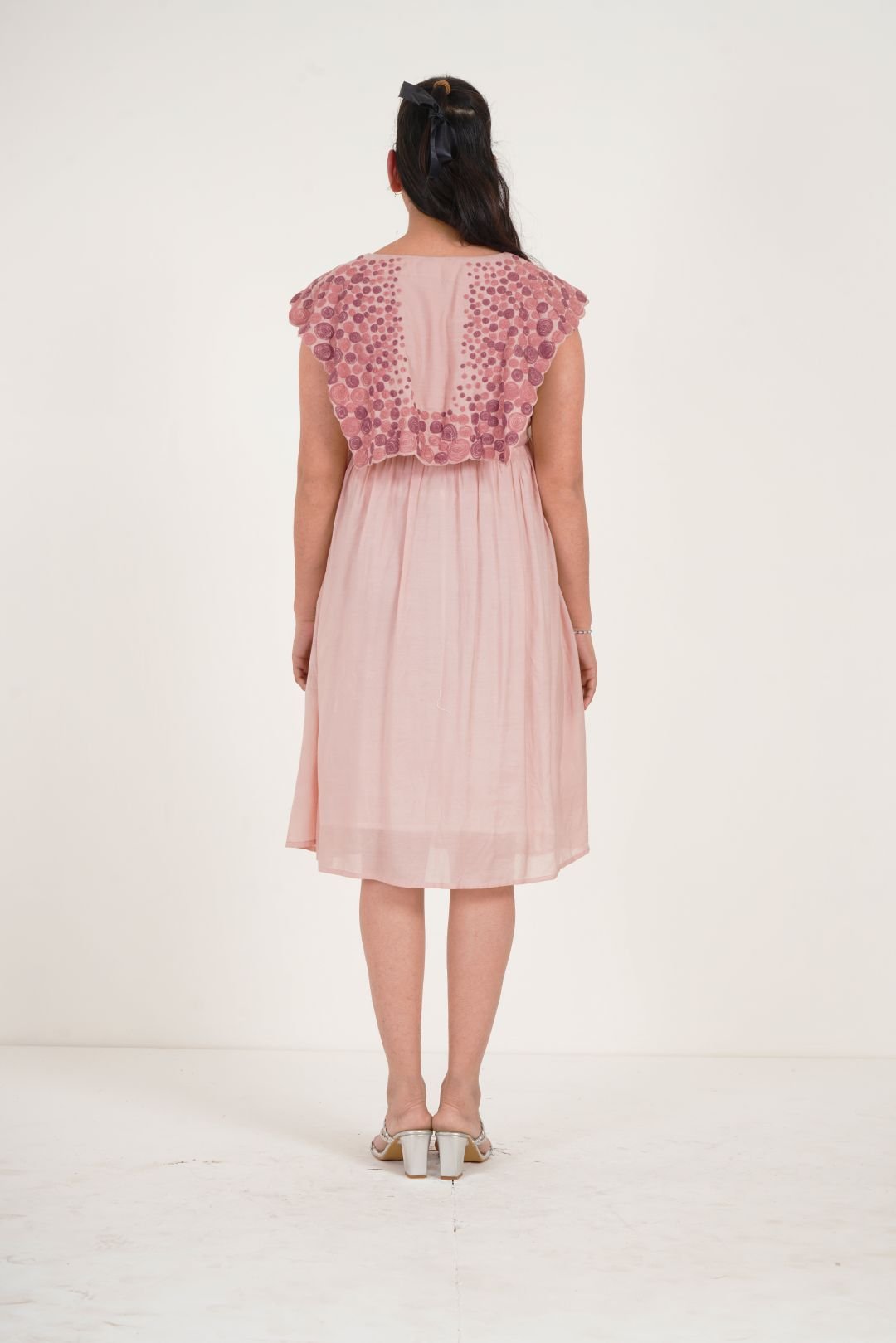 High End Event Wear Peach Circle Embroidered Collar Flowy Dress With Spaghetti - Western Era Dresses for women
