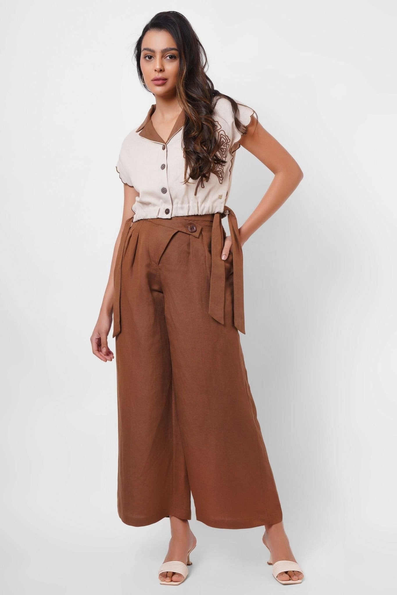 High - Waist Wide - Leg Cotton Trousers with Side Button Detail - Western Era trousers for women