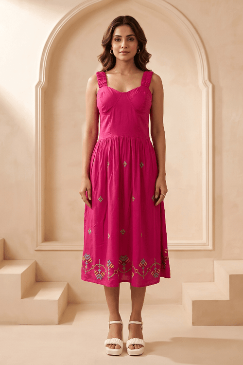 Hot Pink Hue Sculpted Corset Dhari Stitch Form Dress