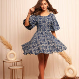 Indigo Block Print Short Dress With Diamond Cut Back - Western Era Dresses for women