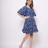 Indigo Block Print Short Dress With Diamond Cut Back - Western Era Dresses for women