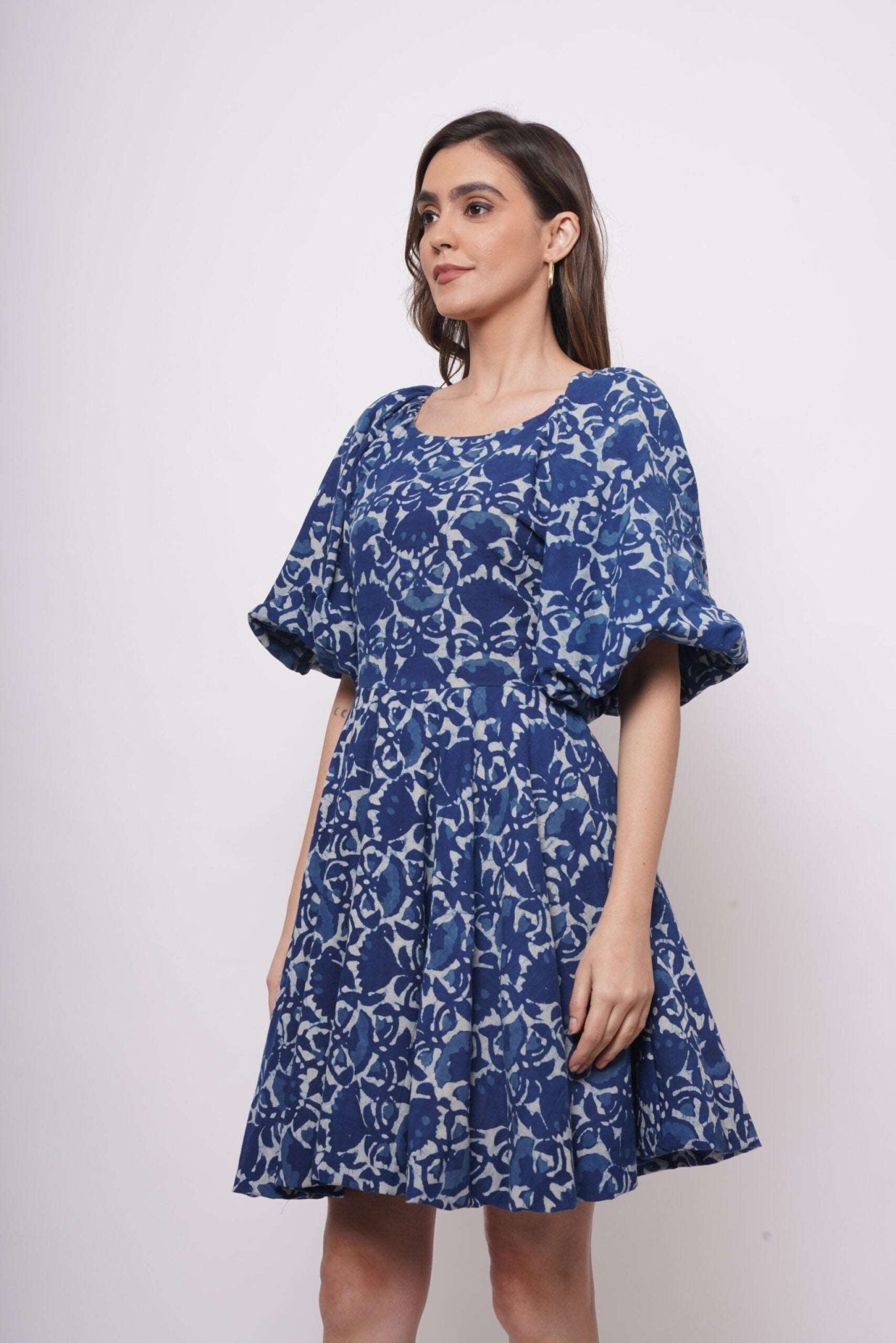 Indigo Block Print Short Dress With Diamond Cut Back - Western Era Dresses for women