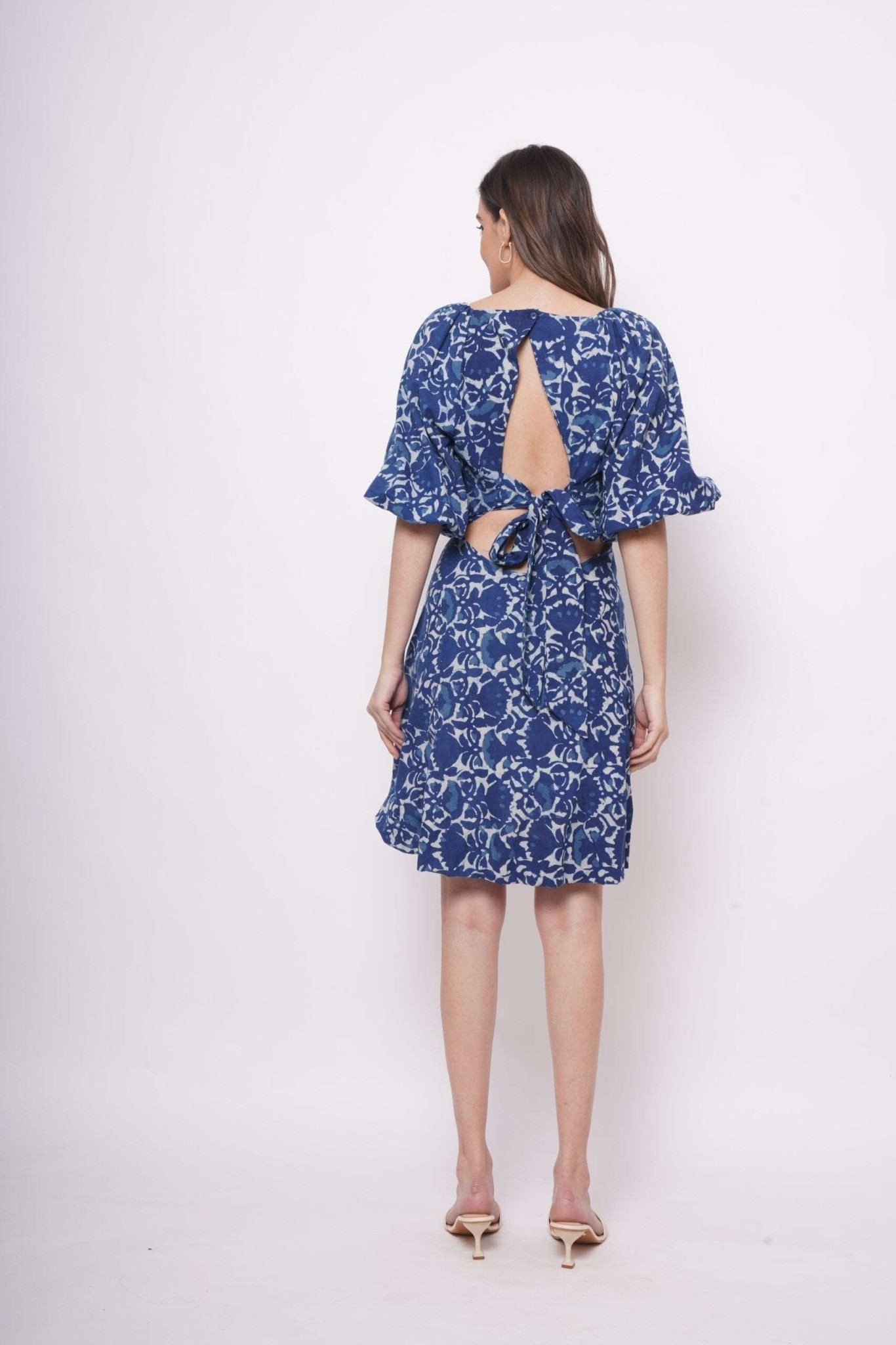 Indigo Block Print Short Dress With Diamond Cut Back - Western Era Dresses for women