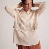 Ivory White Collar Top With Zari Embroidered Skyline On Front - Western Era Embroidery for women