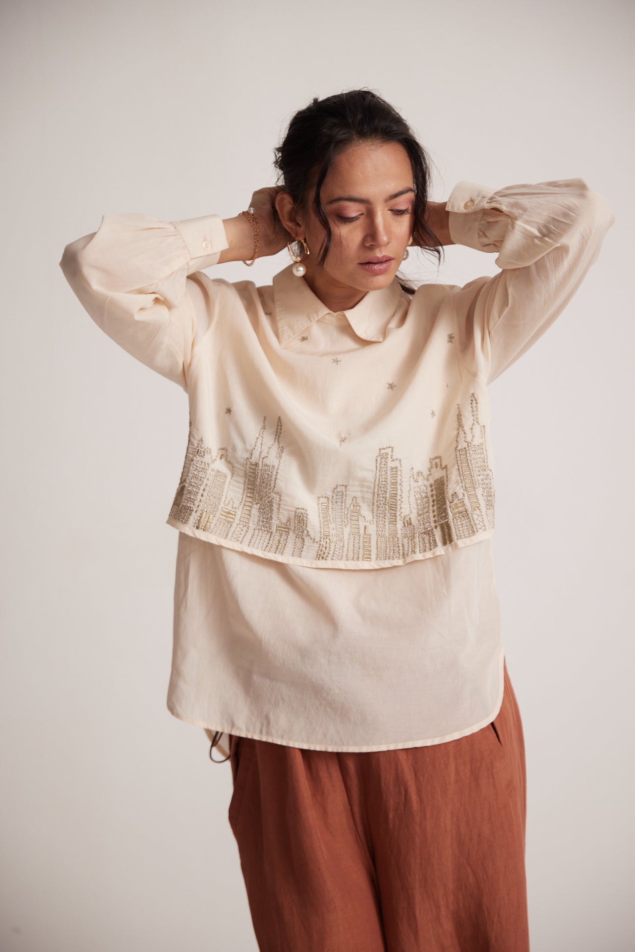 Ivory White Collar Top With Zari Embroidered Skyline On Front - Western Era Embroidery for women