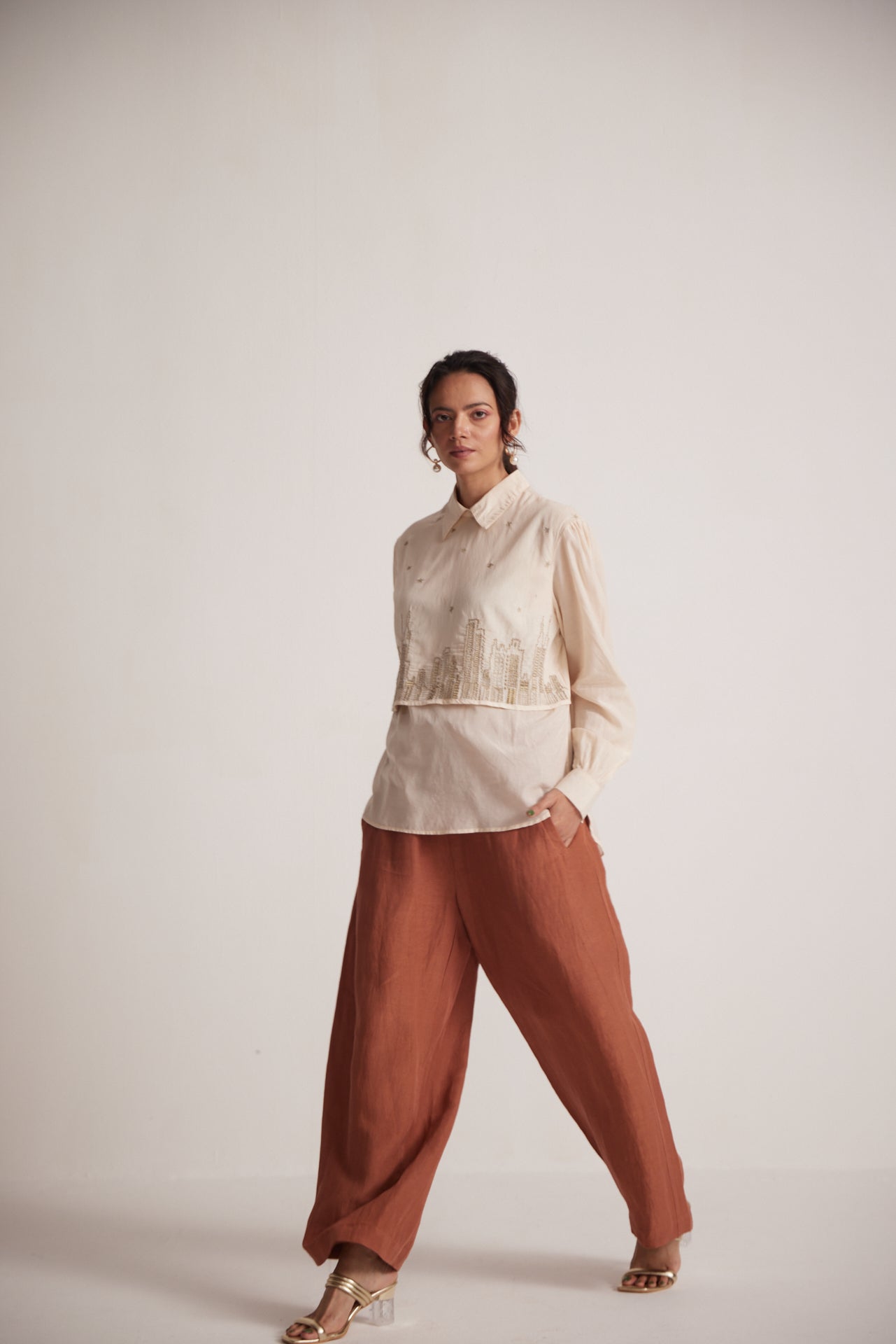 Ivory White Collar Top With Zari Embroidered Skyline On Front - Western Era Embroidery for women