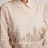 Ivory White Collar Top With Zari Embroidered Skyline On Front - Western Era Embroidery for women