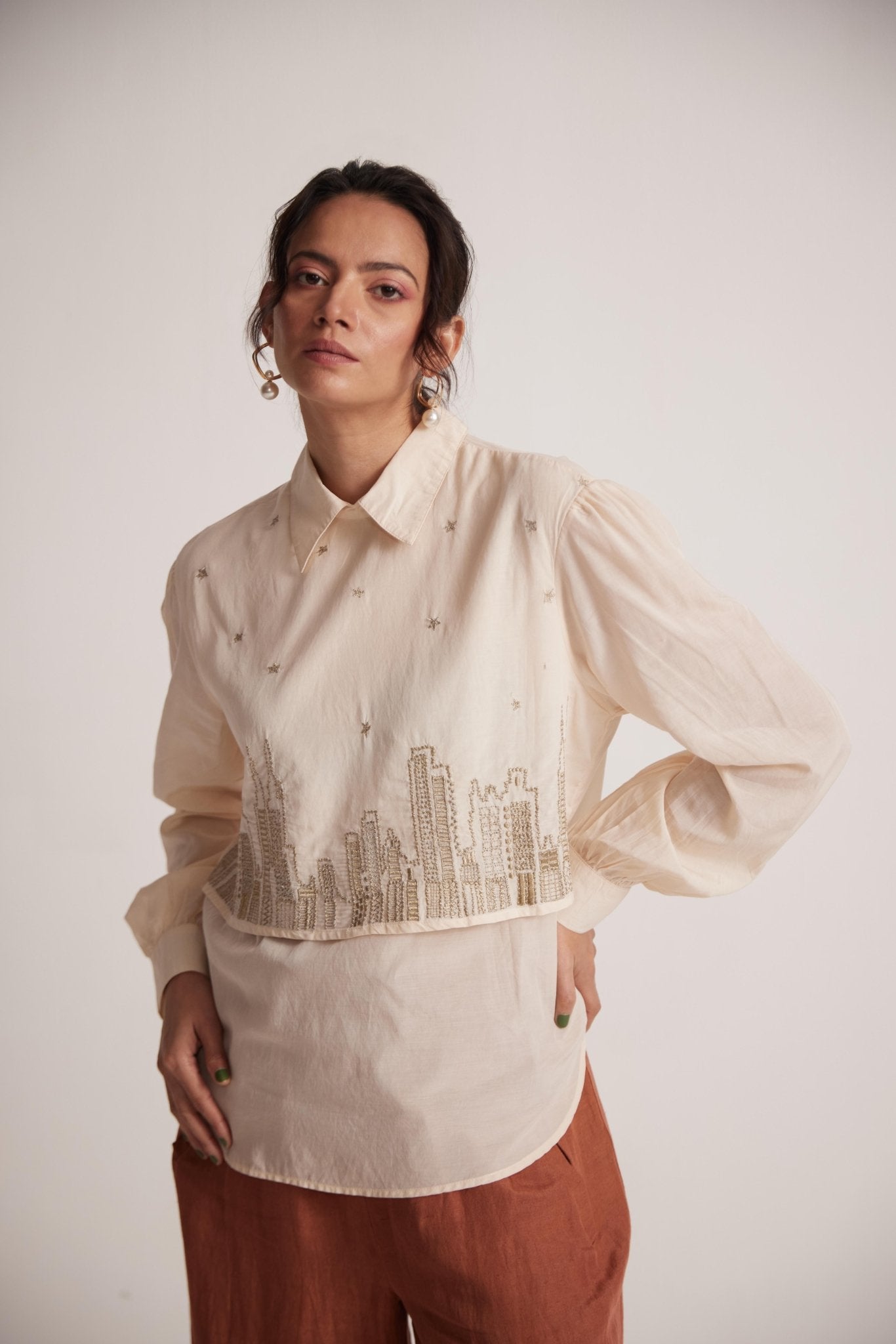 Ivory White Collar Top With Zari Embroidered Skyline On Front - Western Era Embroidery for women