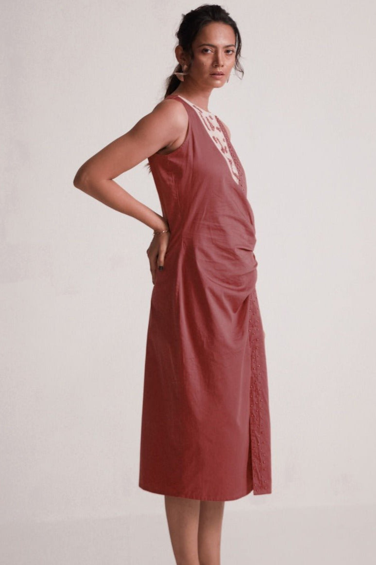 Maroon Mid Dress with Side Drape and Mother Pearls Embellished on The Front Yoke - Western Era Dresses for women