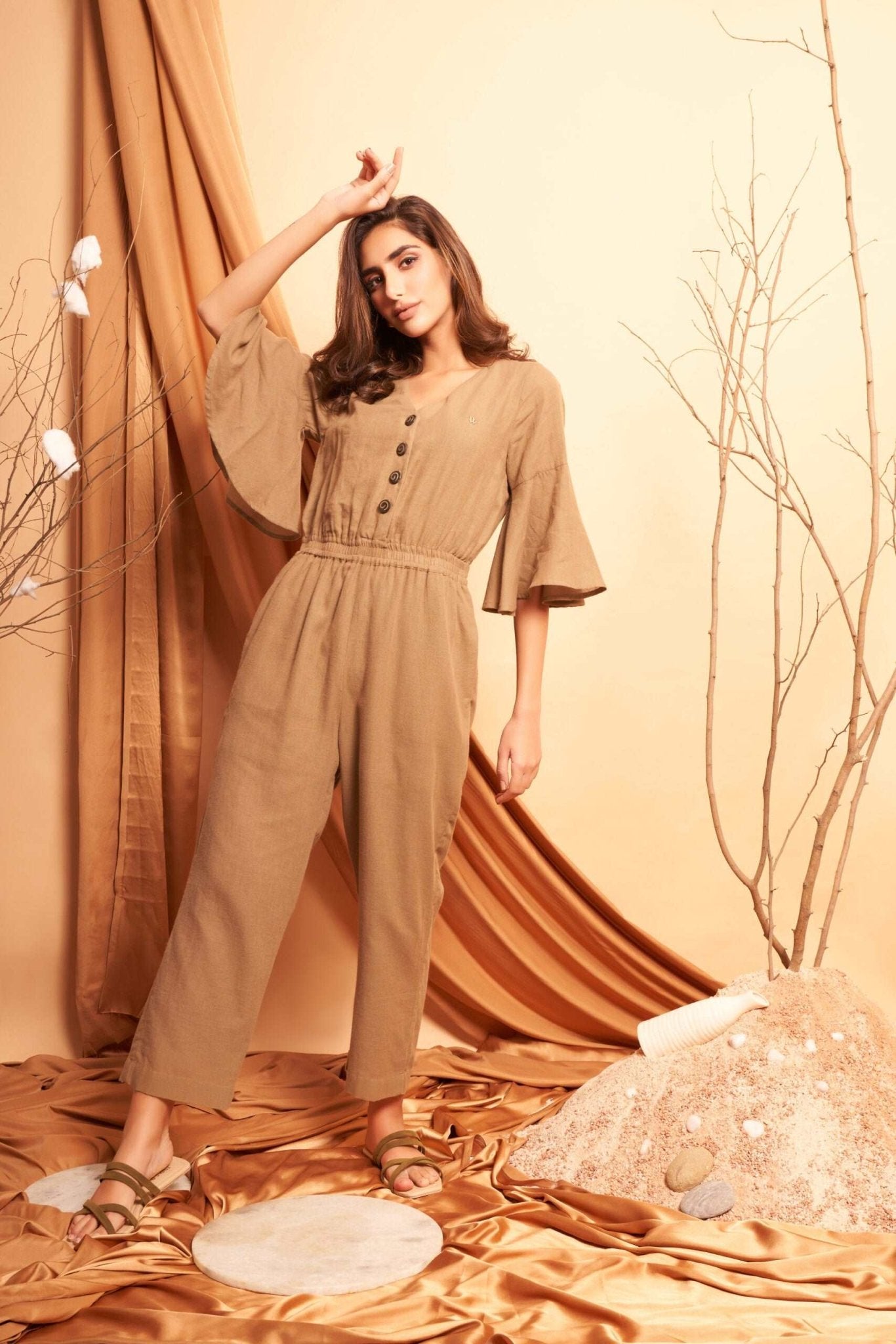 Mud Brown Flare Jumpsuit With Elasticated Waist - Western Era Jumpsuits for women
