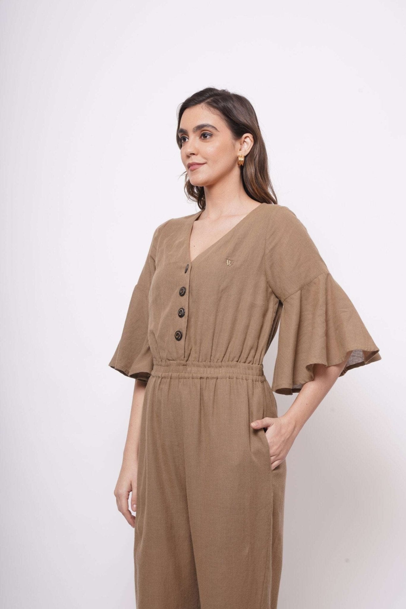 Mud Brown Flare Jumpsuit With Elasticated Waist - Western Era Jumpsuits for women
