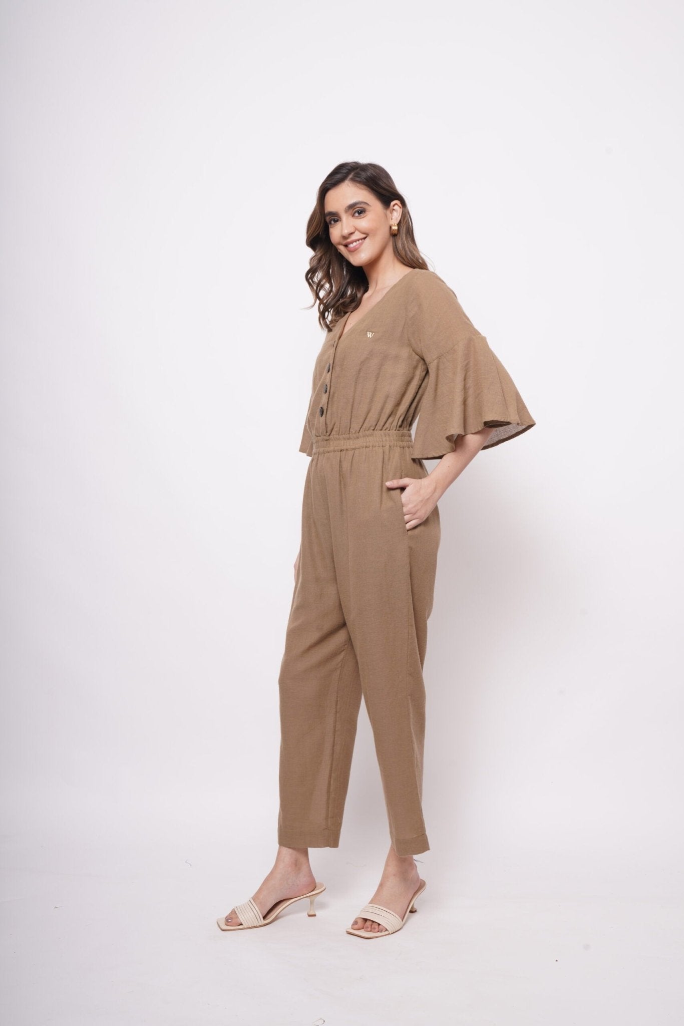 Mud Brown Flare Jumpsuit With Elasticated Waist - Western Era Jumpsuits for women