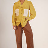 Mustard Cotton Shirt with Pleated Cuff and Zari Embroidered patch on Front and Back - Western Era Embroidery for women