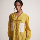 Mustard Cotton Shirt with Pleated Cuff and Zari Embroidered patch on Front and Back - Western Era Embroidery for women