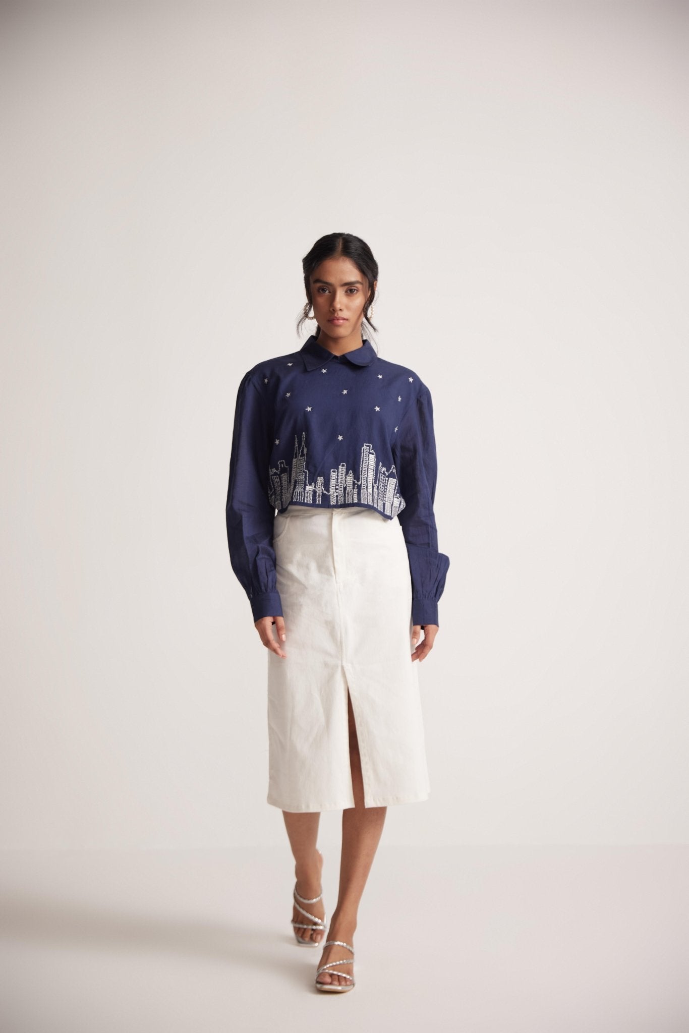 Navy Blue Collar Top With Zari Embroidered Skyline On Front - Western Era Tops for women