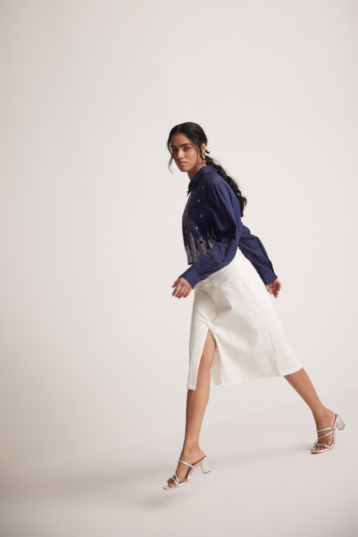 Navy Blue Collar Top With Zari Embroidered Skyline On Front - Western Era Tops for women