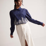Navy Blue Collar Top With Zari Embroidered Skyline On Front - Western Era Tops for women
