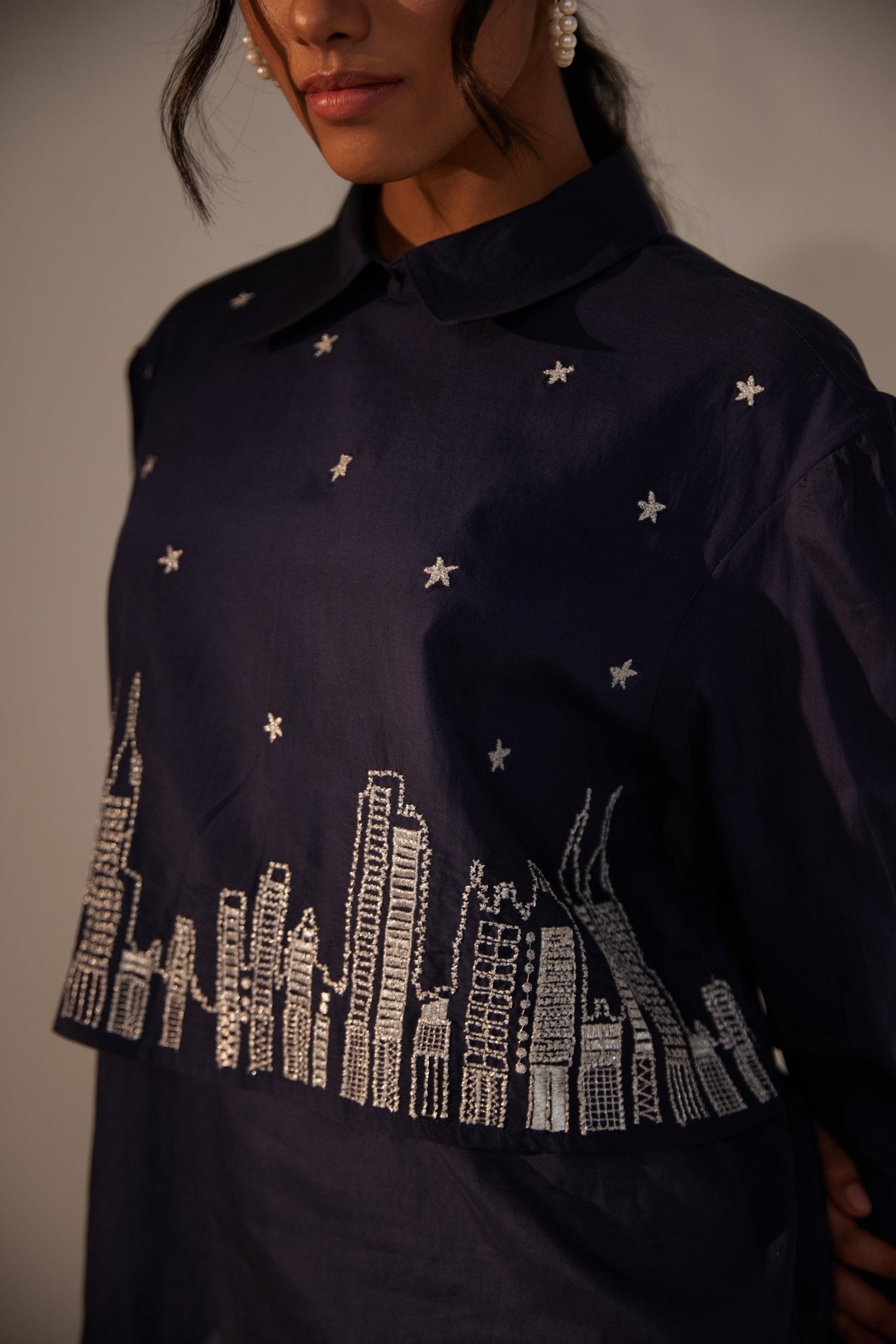 Navy Blue Collar Top With Zari Embroidered Skyline On Front - Western Era Tops for women
