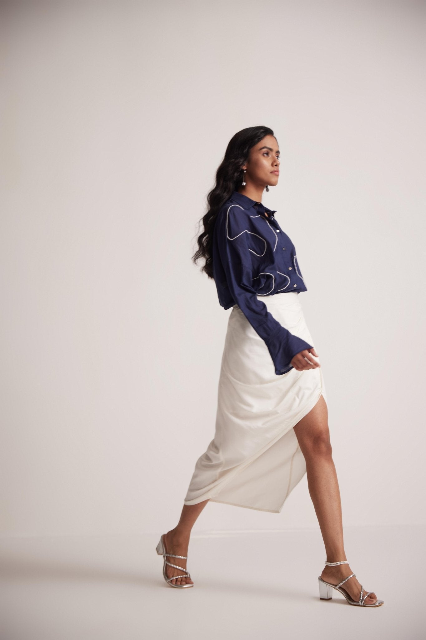 Navy Blue Oversized Cotton Shirt With Front Dori Embroidery - Western Era Embroidery for women
