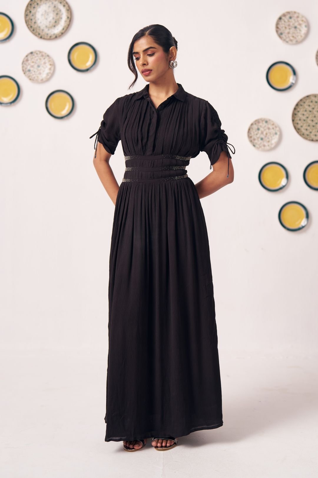 Noctis Black Pleated Maxi Dress with Waist Detail Western Era Noctis Black Pleated Maxi Dress with Waist Detail Western Era