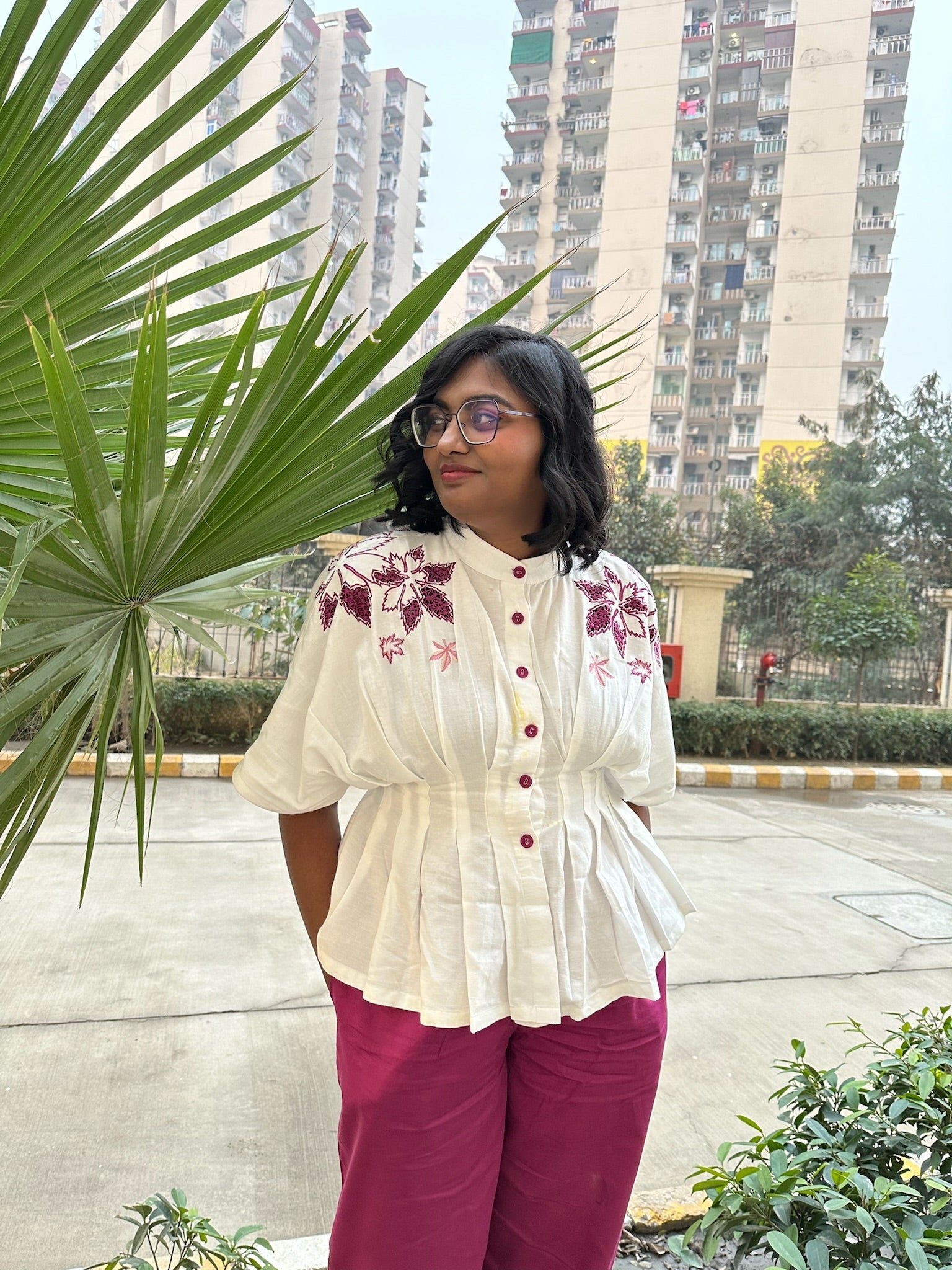 Off White Drop Shoulder Embroidered Top With Wine Straight Fit Trouser Cordset - Western Era Co - ord set for women
